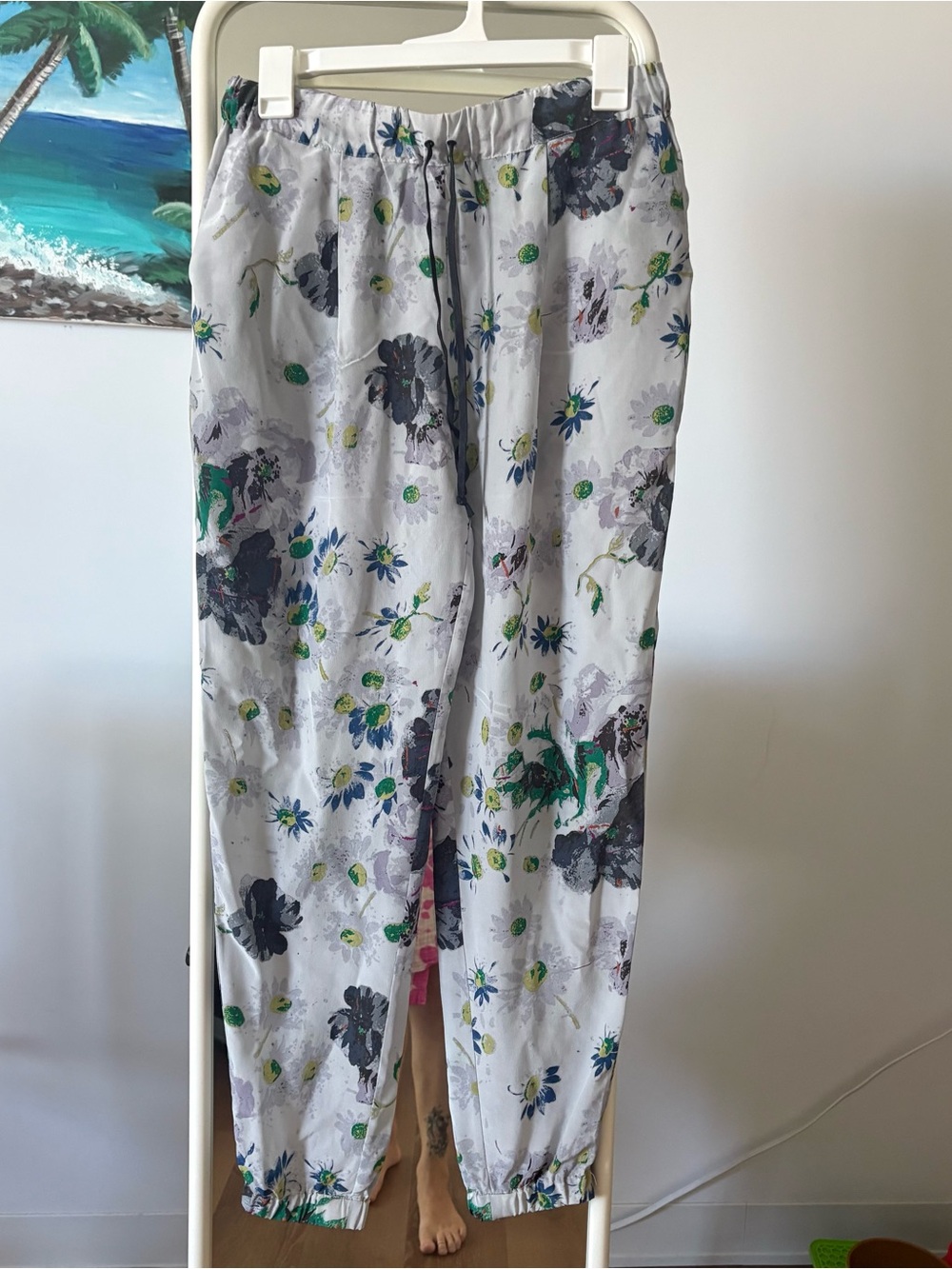 Elizabeth and James 100% silk gray Pajama Pants with Green and Blue flowers